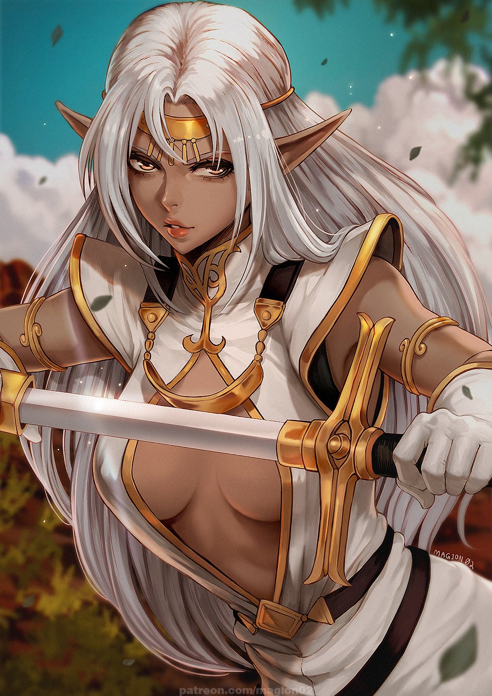 1girl armband breasts brown_eyes circlet cleavage_cutout clothing_cutout clouds dark_skin elf forest gloves headpiece highres leaf lips long_hair magion02 nature parted_lips pirotess pointy_ears record_of_lodoss_war sheath solo sword tree unsheathing weapon white_hair