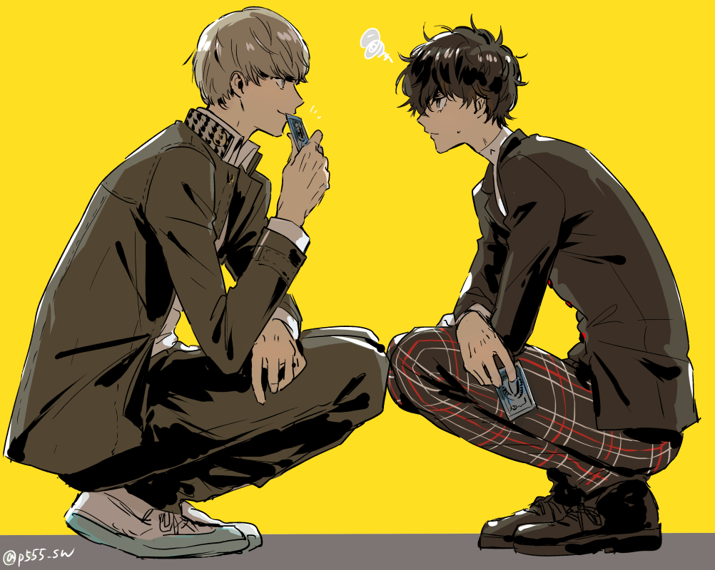 2boys amamiya_ren bangs black_footwear black_hair black_jacket black_pants closed_mouth from_side grey_eyes grey_hair holding jacket long_sleeves male_focus multiple_boys narukami_yuu pants persona persona_4 persona_5 plaid plaid_pants profile sawa2 school_uniform shuujin_academy_uniform simple_background squatting squiggle twitter_username yasogami_school_uniform