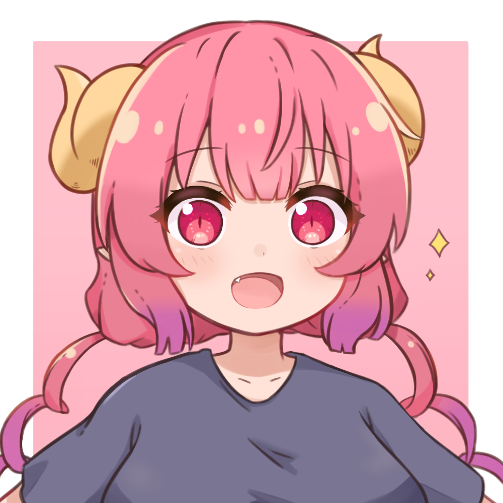 1girl :d bangs black_shirt blush border collarbone commentary_request dragon_horns eyebrows_visible_through_hair fang gradient_hair happy horns ilulu_(maidragon) ixia_(ixia424) kobayashi-san_chi_no_maidragon long_hair looking_at_viewer multicolored_hair open_mouth outside_border pink_background portrait red_eyes redhead shirt short_sleeves slit_pupils smile solo sparkle twintails white_border