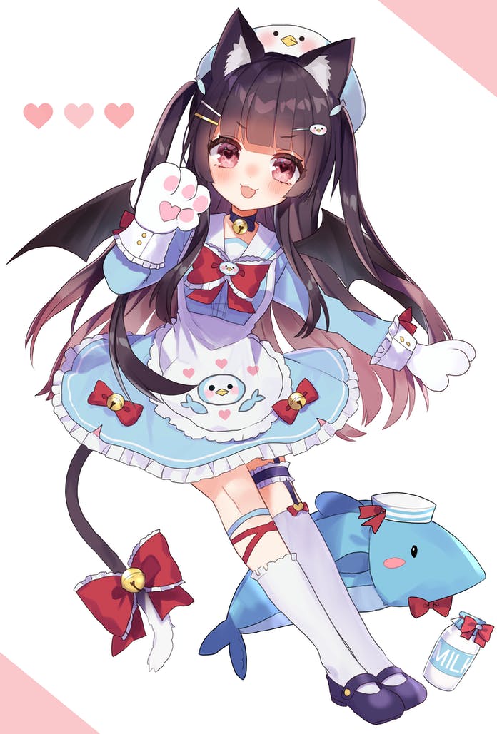 1girl :3 :d animal_ears animal_hands apron asymmetrical_legwear black_hair blue_dress blue_footwear blush bow bowtie cat_ears commission copyright_request dress frilled_bow frilled_bowtie frills gloves hair_ornament hairclip hand_up hatsuki_himari heart heart-shaped_pupils indie_virtual_youtuber leg_garter long_hair long_sleeves looking_at_viewer noi_mine open_mouth paw_gloves red_bow red_eyes shoes skeb_commission smile solo symbol-shaped_pupils tail tail_bow tail_ornament thigh_strap two_side_up uneven_legwear white_apron white_legwear