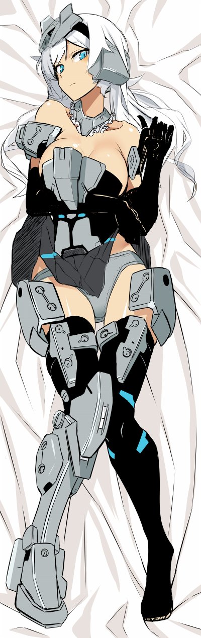 1girl architect_(frame_arms_girl) armor bare_shoulders black_gloves black_legwear blue_eyes breasts closed_mouth dakimakura_(medium) doko_tetora elbow_gloves frame_arms_girl from_above full_body gloves grey_panties highres knees_together_feet_apart large_breasts long_hair looking_at_viewer lying on_back on_bed panties solo thigh-highs underwear white_hair