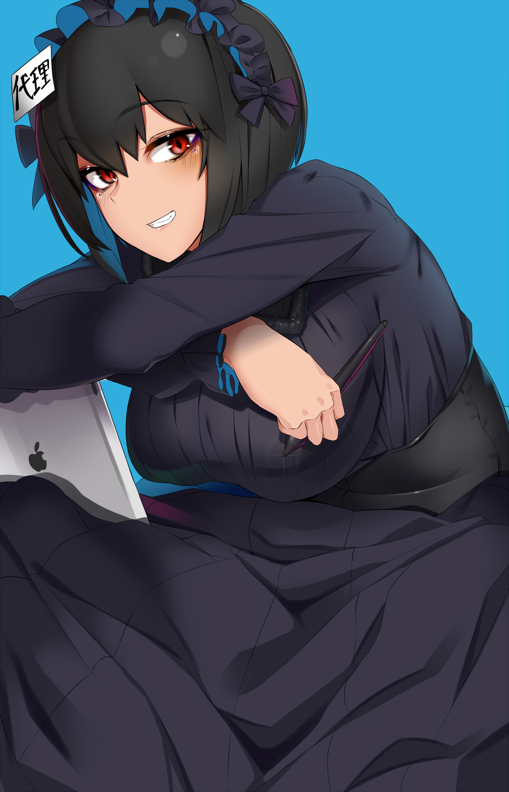 1girl apple_inc. black_dress black_hair blue_background bob_cut breasts corset doko_tetora dress frilled_hairband frills grin hairband highres holding holding_stylus large_breasts leaning_forward long_dress looking_at_viewer medium_hair original red_eyes simple_background smile solo stylus tablet