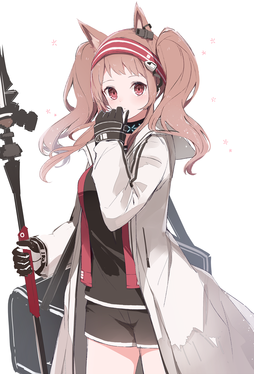 1girl a.a_(aa772) angelina_(arknights) animal_ears arknights bag black_gloves black_shirt black_shorts blush breasts closed_mouth coat collar cowboy_shot duffel_bag earpiece fox_ears gloves hairband hand_up highres holding holding_staff infection_monitor_(arknights) long_hair long_sleeves looking_at_viewer medium_breasts open_clothes open_coat red_eyes shirt shorts sidelocks simple_background solo staff twintails two-tone_hairband white_background white_coat