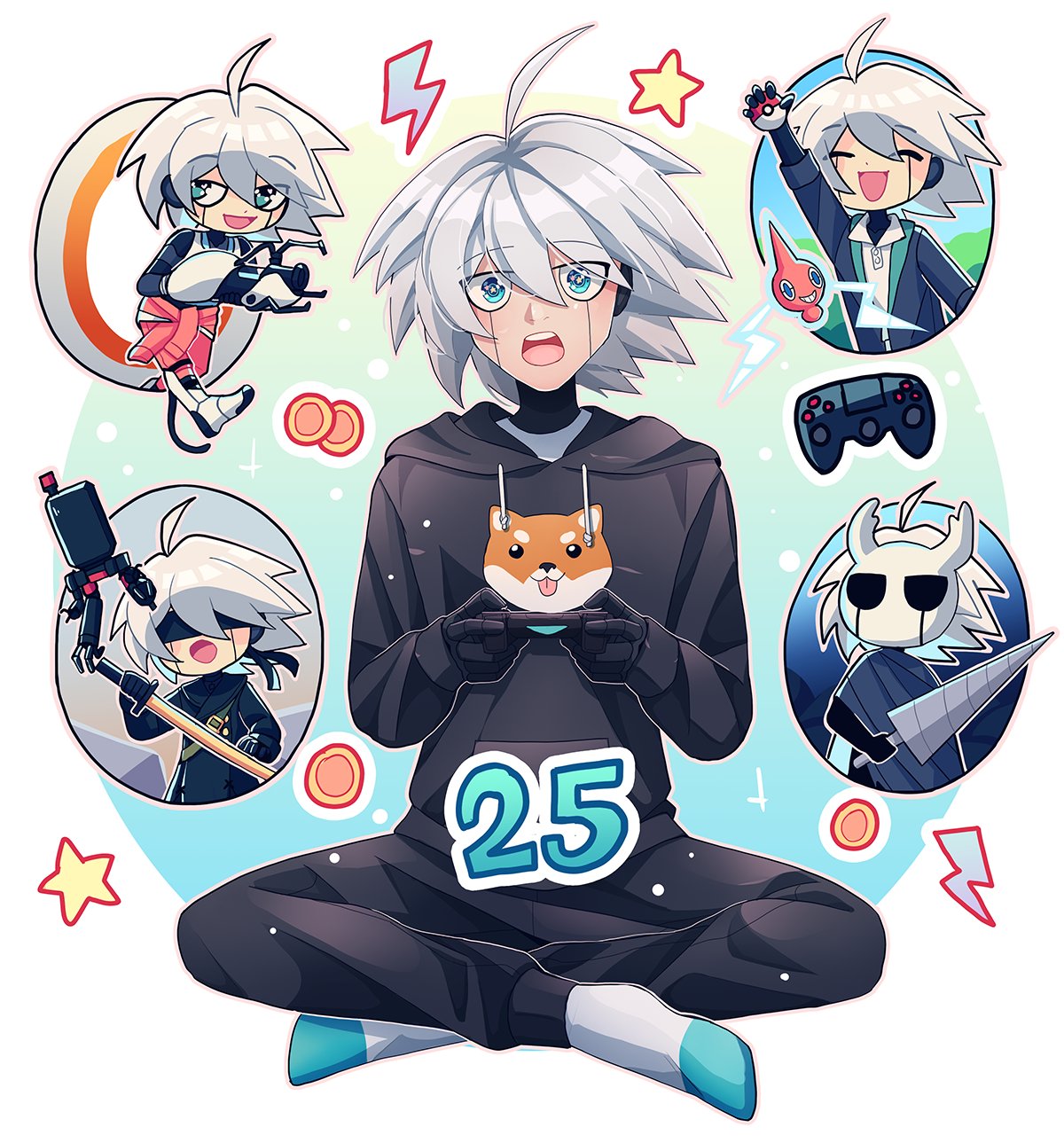 1boy :d ahoge alternate_costume android animal_print arm_up bangs black_blindfold black_hoodie black_jacket black_pants black_skin blindfold cheer_(cheerkitty14) chell chell_(cosplay) colored_skin commentary controller cosplay danganronpa_(series) danganronpa_v3:_killing_harmony dog_print english_commentary eyebrows_visible_through_hair full_body grey_hair grey_legwear gun highres holding holding_controller holding_sword holding_weapon hollow_knight hood hood_down hoodie indian_style jacket katana keebo knight_(hollow_knight) knight_(hollow_knight)_(cosplay) mask multiple_views nier_(series) nier_automata pants pokemon portal_(series) rotom shiny shiny_hair short_hair sitting smile socks star_(symbol) sword teeth upper_teeth weapon white_background yorha_no._9_type_s yorha_no._9_type_s_(cosplay)