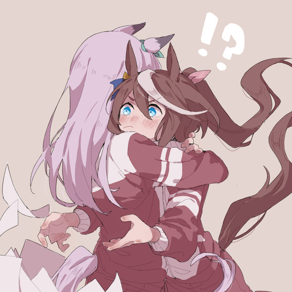 !? 2girls animal_ears bangs beige_background blue_eyes blush bow brown_hair commentary_request gym_uniform hair_bow horse_ears horse_girl horse_tail hug long_hair mejiro_mcqueen_(umamusume) multicolored_hair multiple_girls paper pink_hair ponytail ree_(re-19) simple_background streaked_hair tail tokai_teio_(umamusume) track_suit umamusume yuri