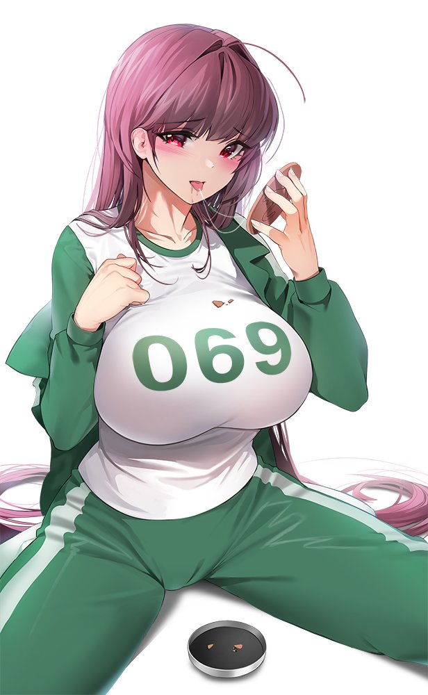1girl bangs blush breasts candy damda fate/grand_order fate_(series) food gym_uniform hair_intakes jacket large_breasts licking long_hair looking_at_viewer pants red_eyes scathach_(fate) solo sportswear spread_legs squid_game sweat track_jacket track_pants track_suit