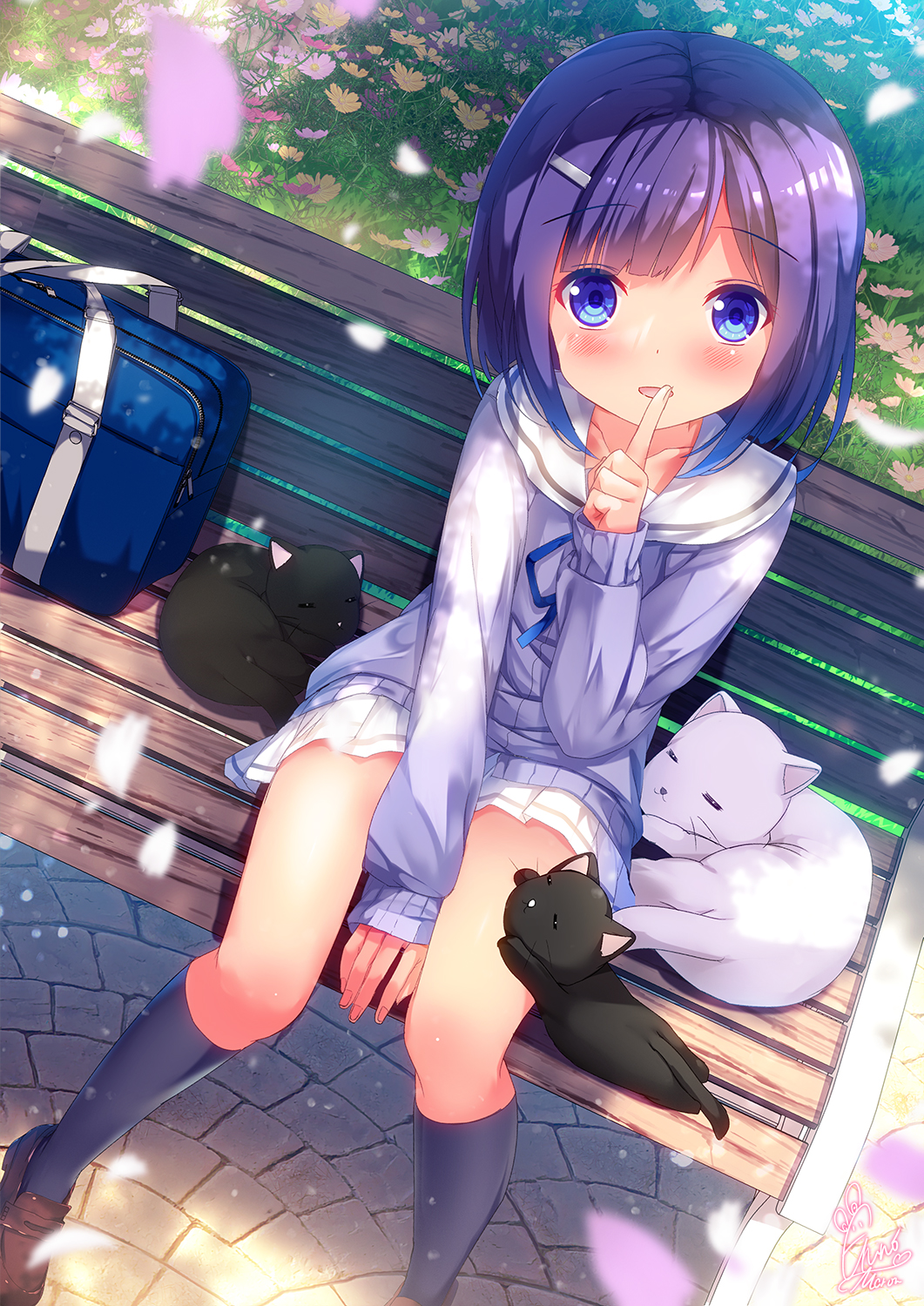 1girl animal bag bench black_hair black_legwear blue_eyes blush brown_footwear cat chinomaron collarbone eyebrows_visible_through_hair finger_to_mouth flower fuiba_fuyu gochuumon_wa_usagi_desu_ka? hair_ornament hairclip highres kneehighs loafers long_sleeves looking_at_viewer open_mouth petals pink_flower pleated_skirt purple_flower sailor_collar school_bag shoes short_hair shushing signature sitting skirt solo white_flower white_sailor_collar white_skirt yellow_flower