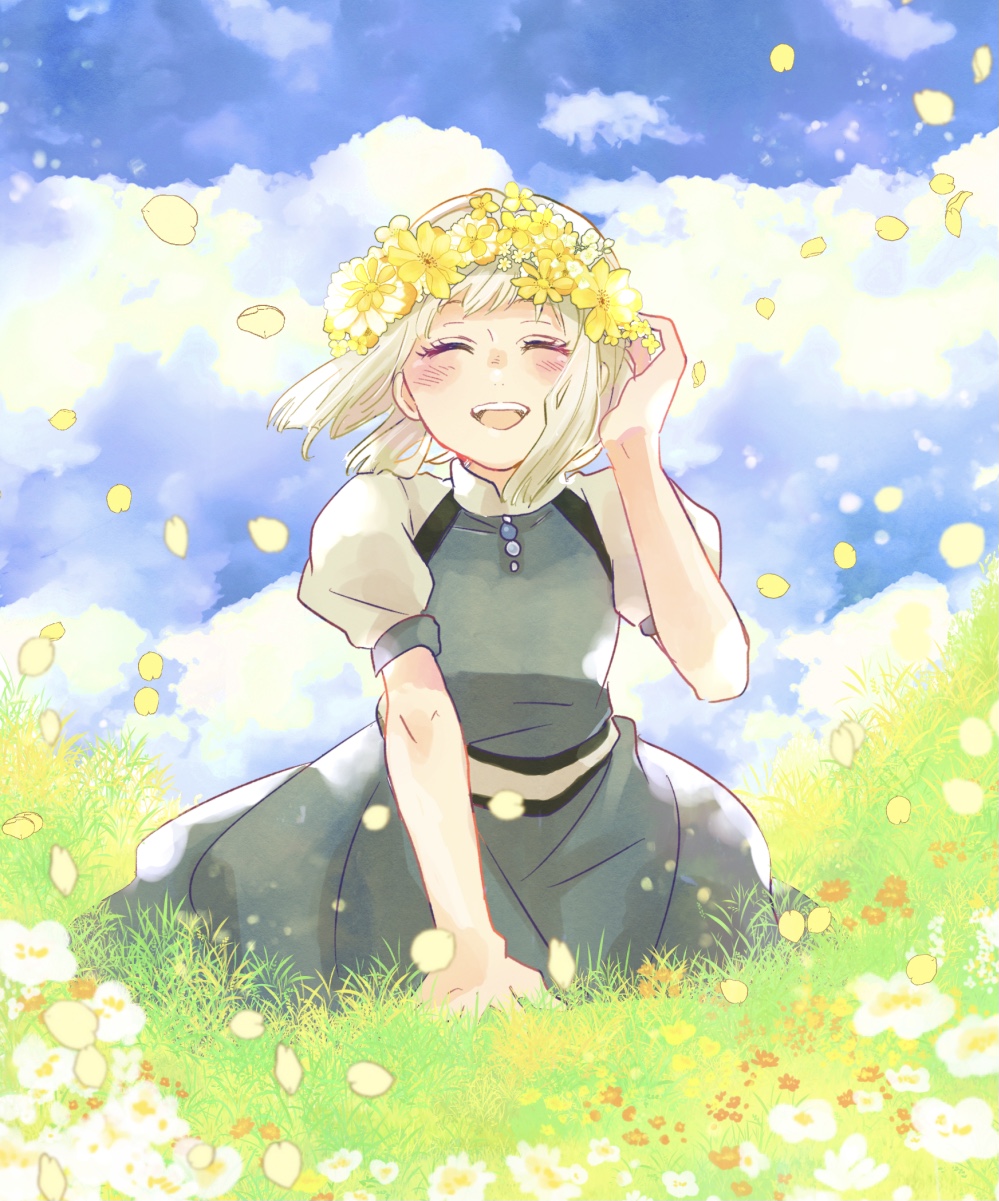 1girl ^_^ blush closed_eyes dress facing_viewer flower gensou_suikoden gensou_suikoden_iii happy head_wreath highres konomi_(leaf_sugar) meadow on_ground open_mouth outdoors petals sarah_(suikoden) short_hair short_sleeves sitting sky smile solo teeth upper_teeth white_hair