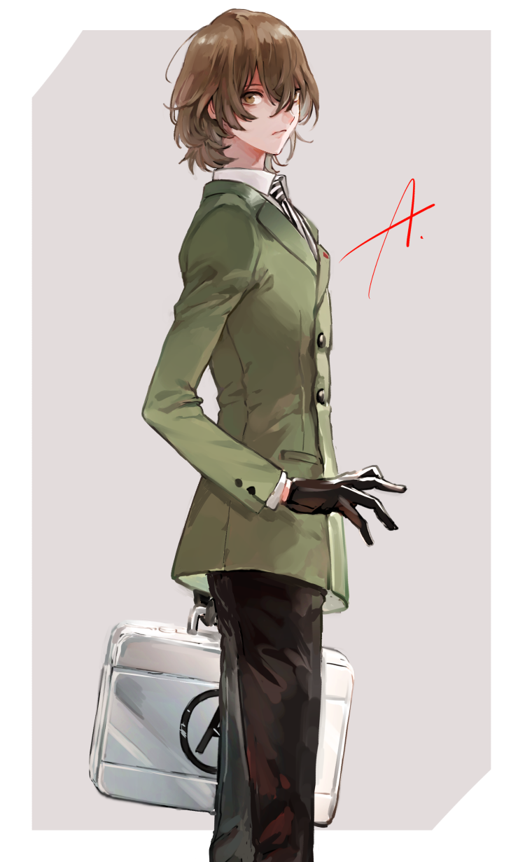 1boy akechi_gorou bangs black_gloves black_pants briefcase brown_eyes brown_hair closed_mouth gloves green_jacket hair_between_eyes highres holding jacket long_sleeves looking_at_viewer male_focus necktie pants persona persona_5 sawa2 simple_background solo two-tone_background