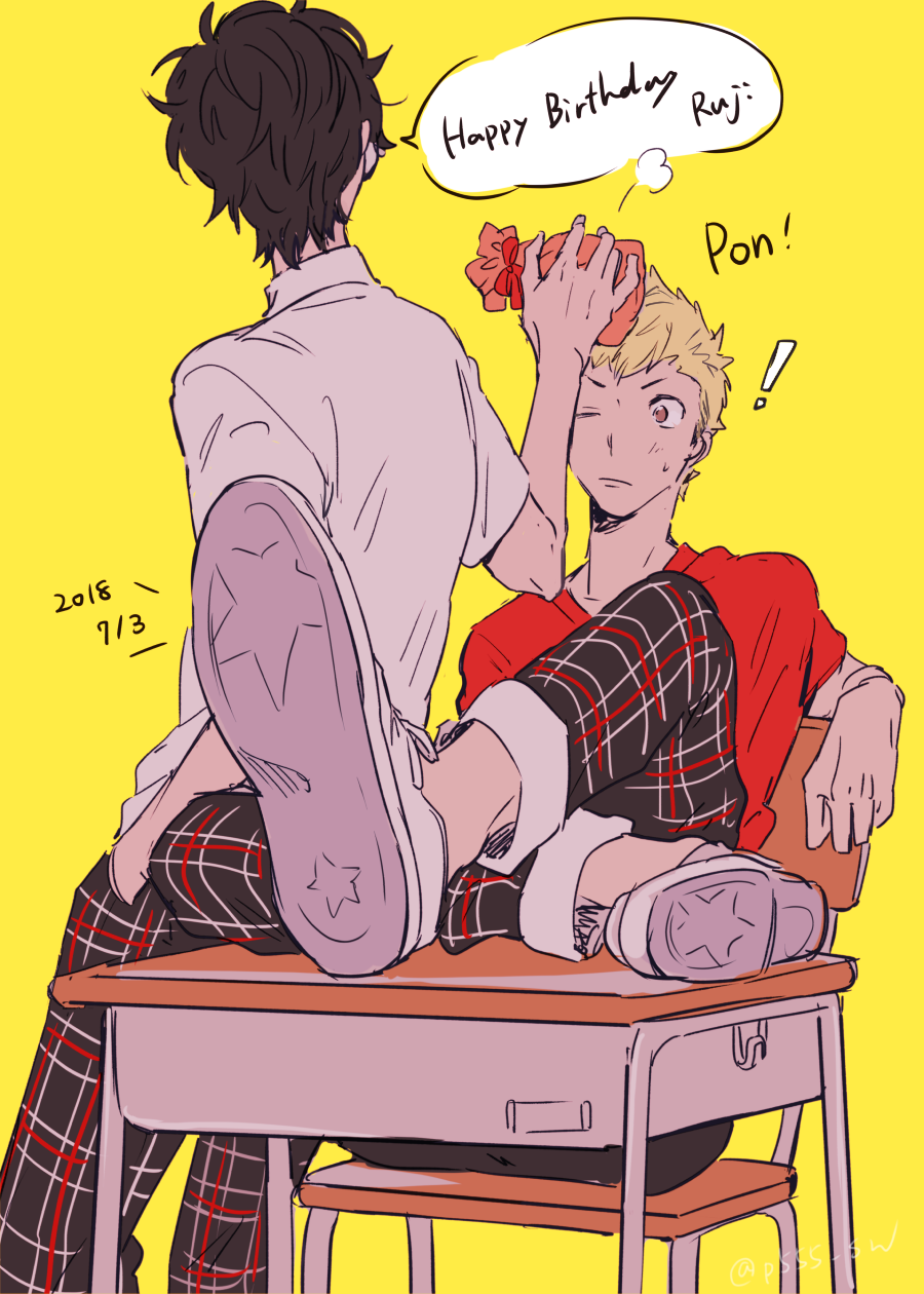 ! 2boys =3 amamiya_ren birthday black_hair blonde_hair brown_eyes chair closed_mouth crossed_legs dated desk english_text gift hand_in_pocket happy_birthday highres holding holding_gift male_focus multiple_boys one_eye_closed pants persona persona_5 plaid plaid_pants red_shirt sakamoto_ryuuji sawa2 school_desk shirt shoes short_sleeves shuujin_academy_uniform simple_background sitting sneakers sweat translation_request white_footwear white_shirt