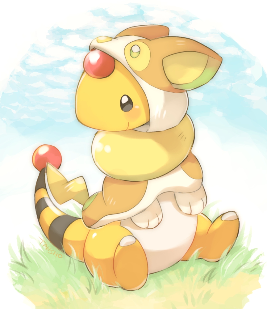 ampharos black_eyes blush closed_mouth commentary_request cosplay day full_body looking_down no_humans outdoors pokemon pokemon_(creature) pokemon_ears pokemon_tail signature sitting smile solo tail tansho yamper yamper_(cosplay)