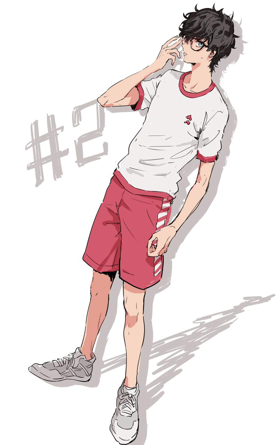 1boy amamiya_ren bangs black_hair closed_mouth full_body glasses grey_eyes gym_uniform hair_between_eyes highres male_focus persona persona_5 red_shorts sawa2 shirt shoes short_sleeves shorts simple_background sneakers solo standing sweat white_footwear white_shirt