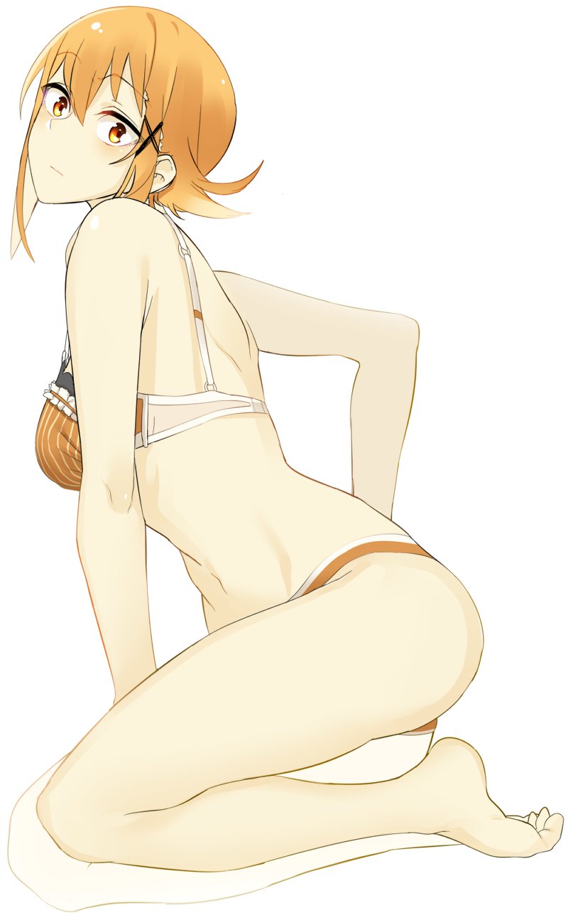 1girl bare_arms bare_legs bare_shoulders barefoot bra breasts chisa_(doko_tetora) closed_mouth commentary_request doko_tetora from_side full_body hair_ornament hairclip highres kneeling looking_at_viewer looking_to_the_side medium_breasts orange_bra orange_eyes orange_panties original panties simple_background solo underwear white_background wide-eyed x_hair_ornament