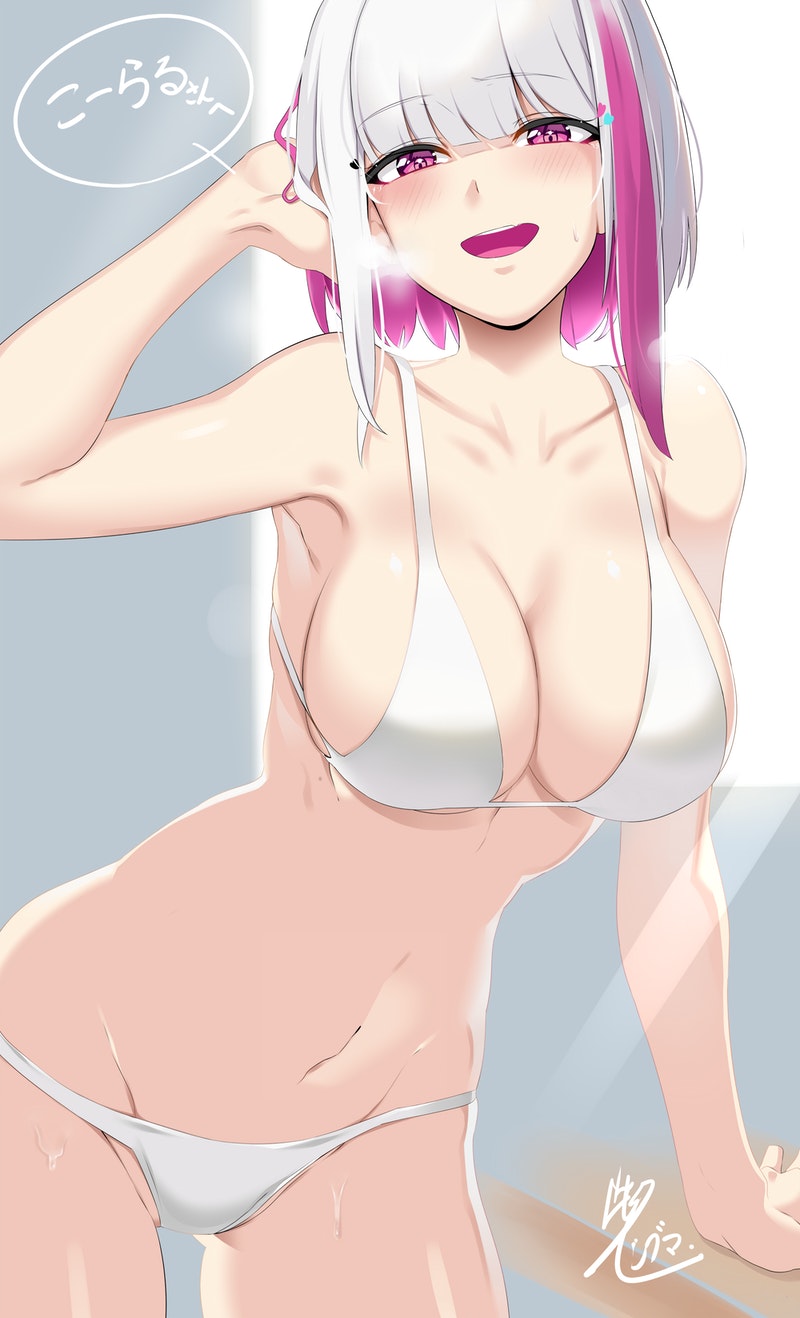 1girl :d bikini blush breasts copyright_request cowboy_shot doko_tetora hand_in_hair hand_up highres large_breasts leaning_forward looking_at_viewer multicolored_hair navel pink_eyes pink_hair signature smile solo streaked_hair swimsuit white_bikini