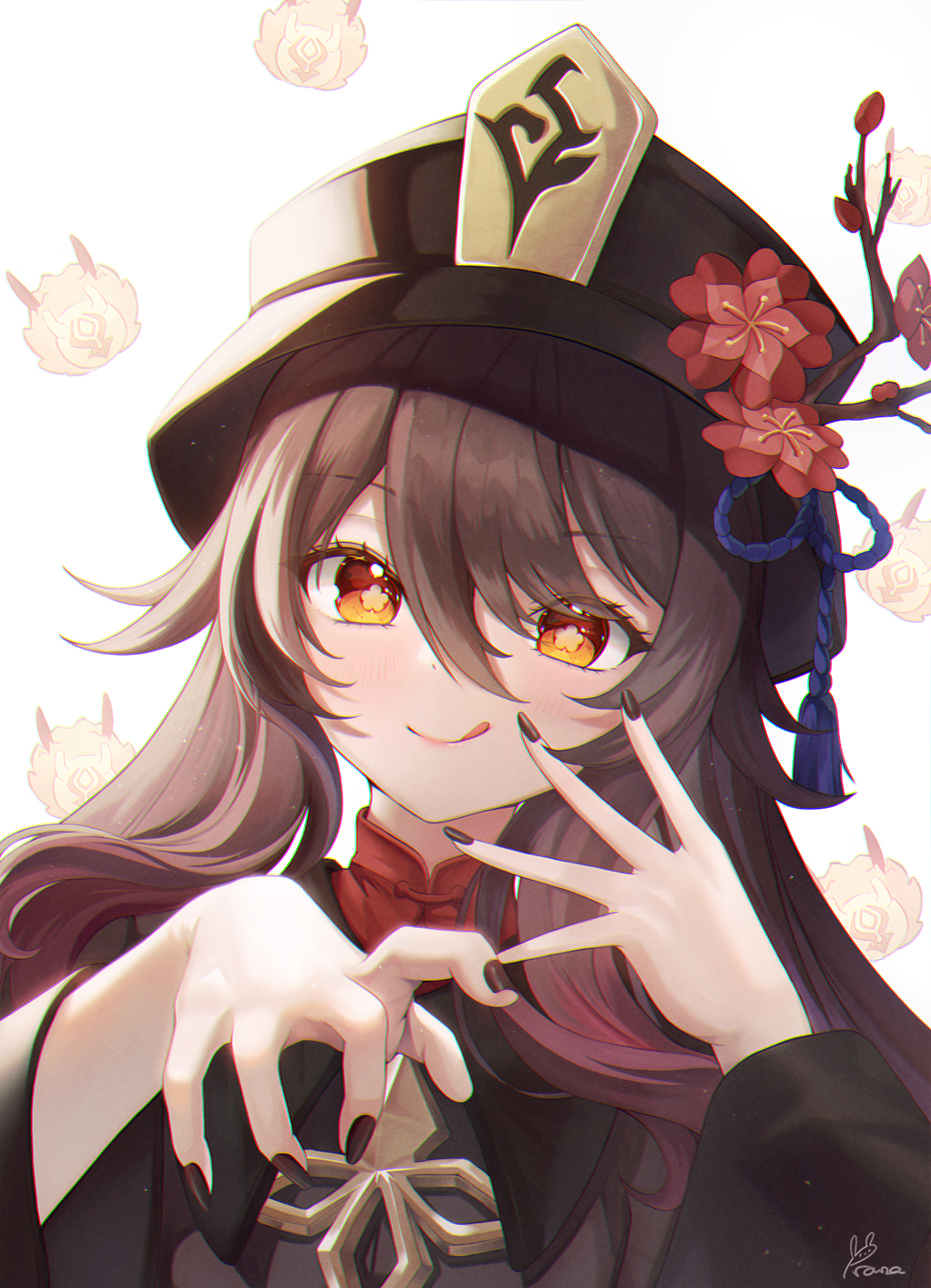 1girl :d black_headwear black_nails brown_hair flower genshin_impact hands highres hilichurl_(genshin_impact) horns hu_tao_(genshin_impact) long_hair long_sleeves looking_at_viewer mask nail_polish plum_blossoms prana_(prana12) red_eyes smile solo star-shaped_pupils star_(symbol) symbol-shaped_pupils twintails
