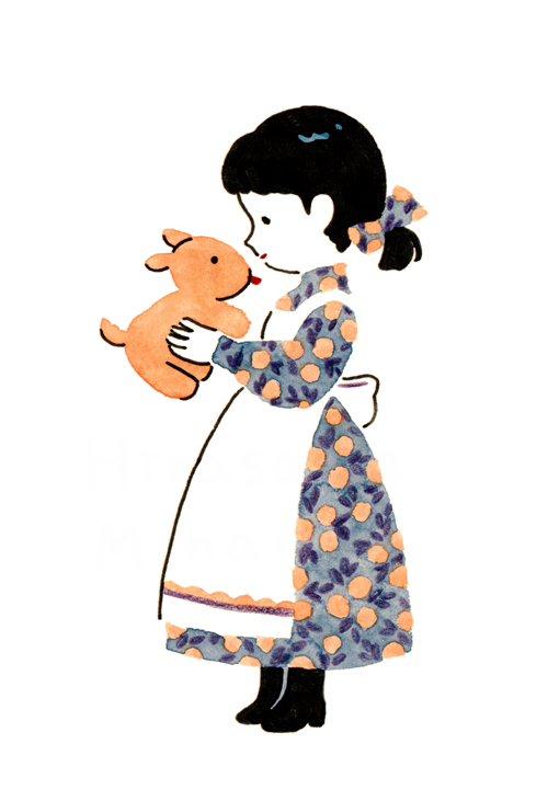 ._. 1girl animal apron artist_name back_bow bangs black_footwear black_hair blending boots bow closed_mouth dog dress eye_contact from_side full_body hand_up high_collar hirasawa_minami holding holding_animal holding_dog legs_together long_dress long_sleeves looking_at_another orange_print original ponytail print_dress profile puffy_long_sleeves puffy_sleeves short_hair short_ponytail simple_background smile solo standing tongue tongue_out white_apron white_background