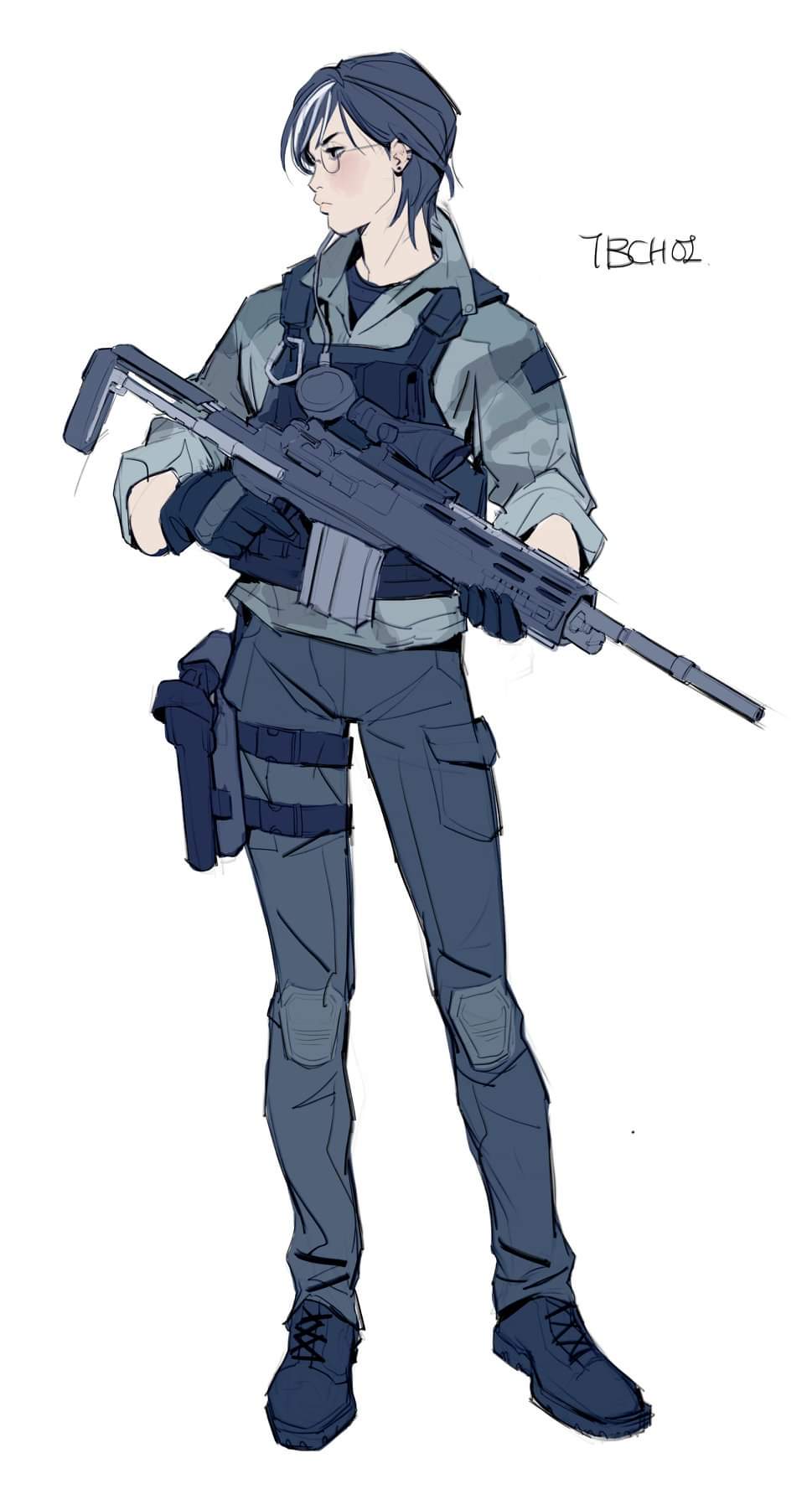 1girl artist_name battle_rifle beanie black_footwear black_gloves black_hair black_headwear black_pants camouflage camouflage_jacket closed_mouth dokkaebi_(rainbow_six_siege) earrings full_body glasses gloves gun hat highres holding holding_gun holding_weapon holster jacket jewelry m14 mk_14_ebr pants police police_uniform policewoman rainbow_six_siege rifle shoes short_hair simple_background sleeves_rolled_up solo tb_choi12 uniform vest weapon white_background