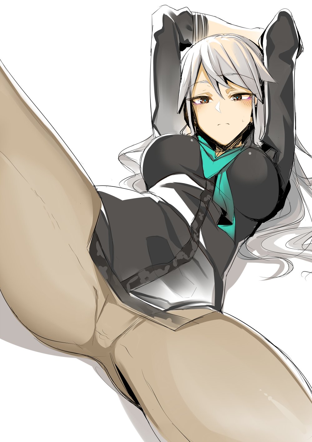 1girl alice_gear_aegis black_shirt blue_neckwear blush breasts brown_eyes character_request closed_mouth doko_tetora grey_hair grey_legwear hands_up highres large_breasts long_hair looking_at_viewer lying necktie on_back pantyhose shirt simple_background solo spread_legs white_background