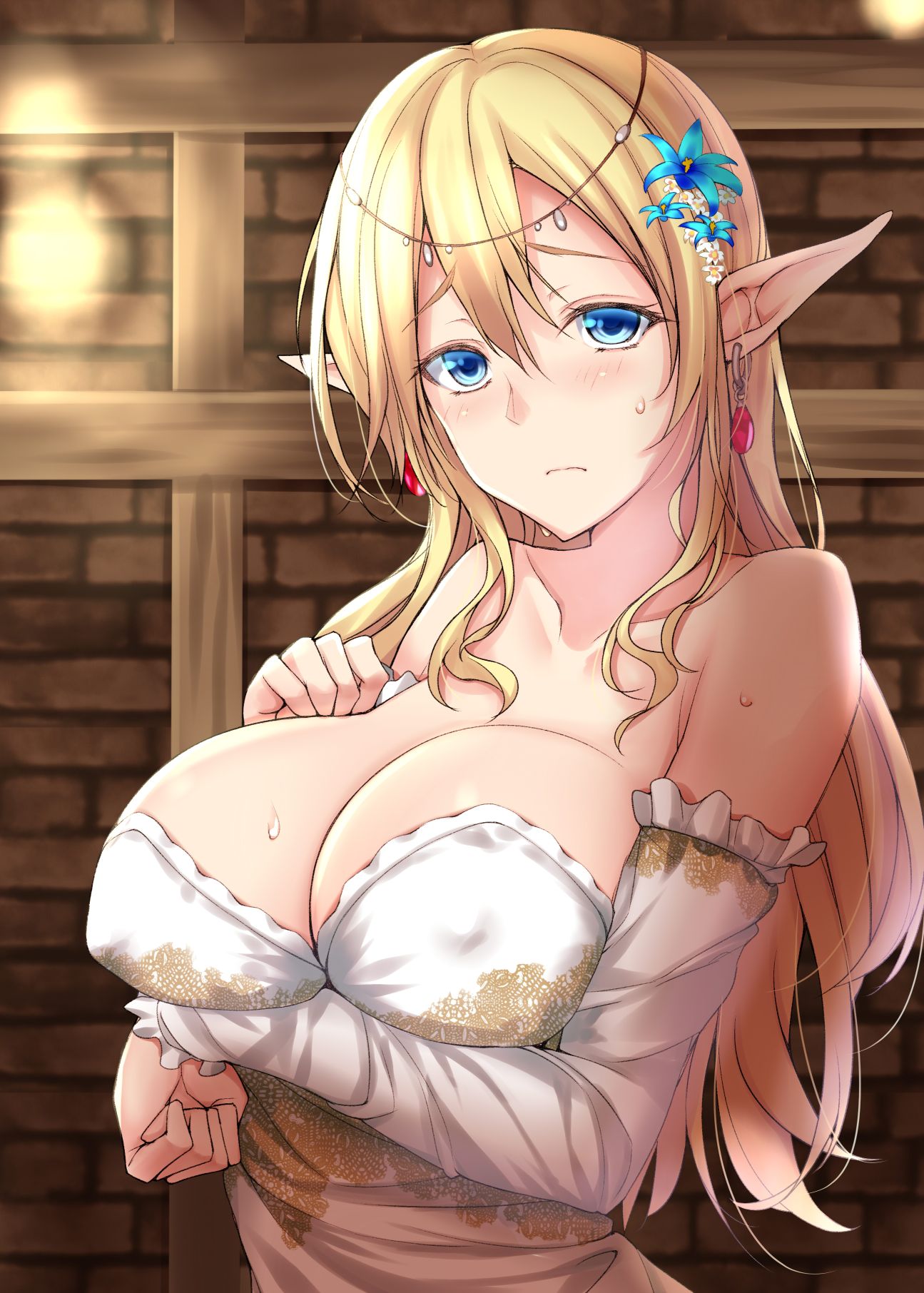 1girl bangs blue_eyes blue_flower blush breasts covered_nipples detached_sleeves dress earrings elf flower hair_between_eyes hair_flower hair_ornament headdress highres jewelry kuurunaitsu large_breasts long_hair original pointy_ears solo strapless strapless_dress sweat upper_body white_dress