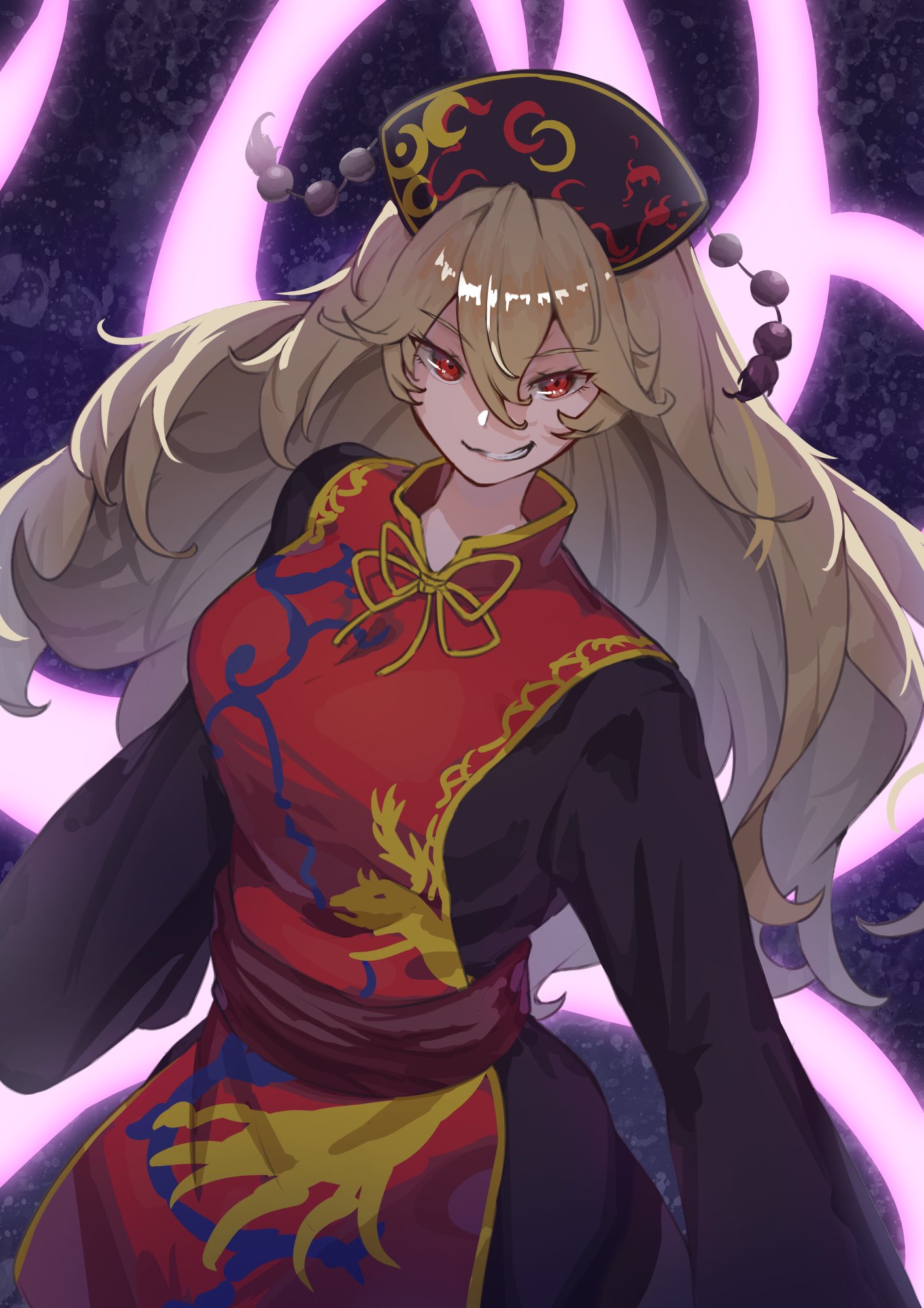 1girl bangs belt black_dress black_headwear blonde_hair bow bowtie breasts brown_belt chinese_clothes closed_mouth crescent dress energy eyebrows_visible_through_hair eyes_visible_through_hair garasuno hair_between_eyes hat highres junko_(touhou) long_hair long_sleeves looking_at_viewer medium_breasts phoenix_crown pom_pom_(clothes) purple_background red_eyes red_vest smile solo standing tabard teeth touhou vest yellow_bow yellow_neckwear