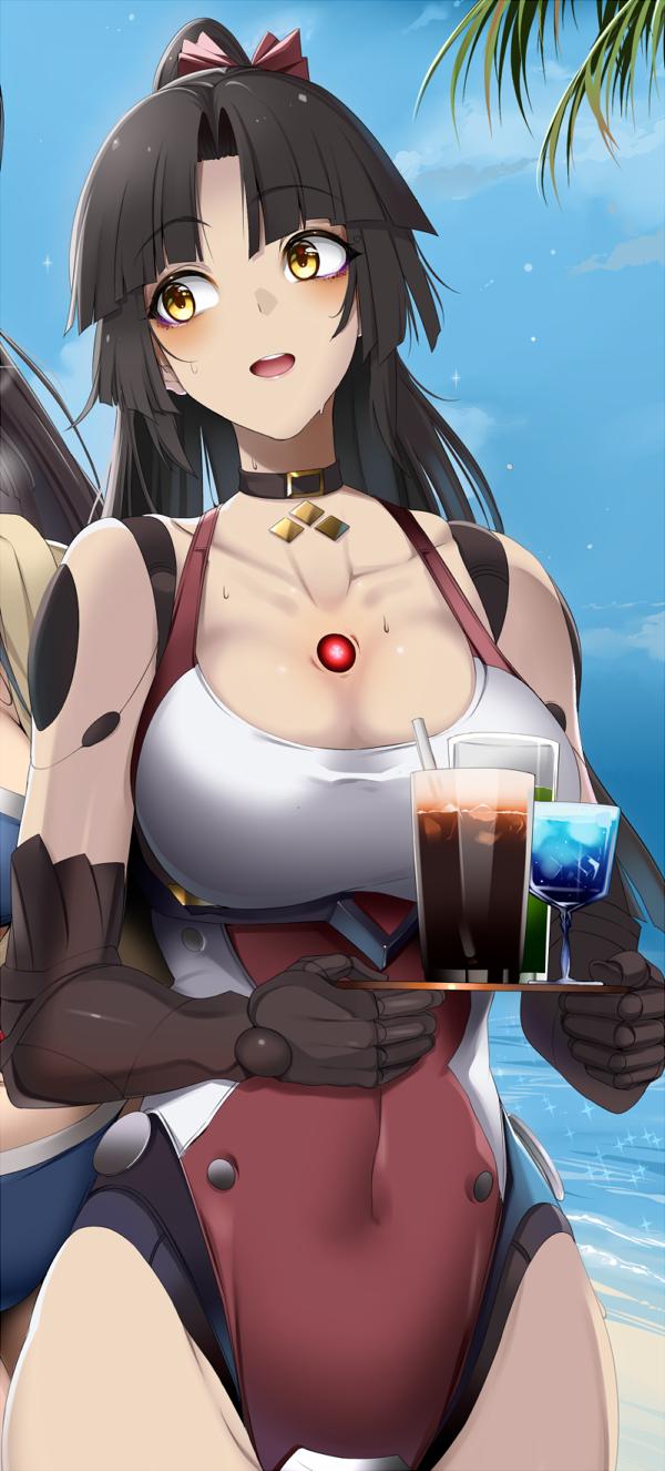 2girls :d android bangs beach black_choker black_hair blue_background blue_sky blush bow breasts character_request choker covered_navel day doko_tetora fate/grand_order fate_(series) glass hair_bow highres holding joints katou_danzou_(fate) large_breasts long_hair mechanical_arms multiple_girls one-piece_swimsuit out_of_frame parted_bangs ponytail red_bow red_swimsuit robot_joints sky smile solo_focus standing swimsuit yellow_eyes