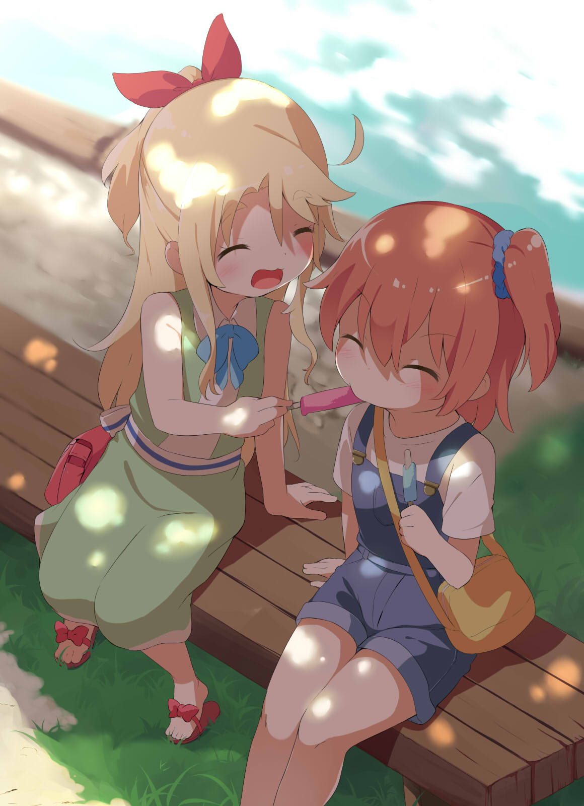 2girls ^_^ bag bare_legs bench blonde_hair blurry blurry_background brown_hair child closed_eyes commentary_request day feeding food grass hair_ribbon highres himesaka_noa hoshino_hinata long_sleeves makuran multiple_girls open_mouth outdoors overall_shorts overalls popsicle red_footwear red_ribbon ribbon sandals shirt short_ponytail short_sleeves shoulder_bag side_ponytail sitting sleeveless thick_eyebrows watashi_ni_tenshi_ga_maiorita! water white_shirt