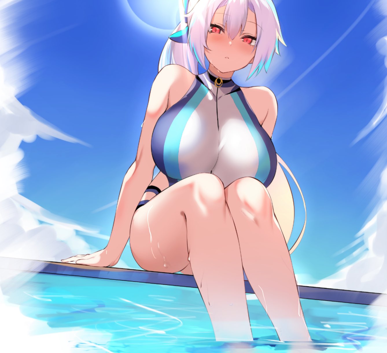1girl bangs blue_bow blue_sky blue_swimsuit bow breasts commentary fate/grand_order fate_(series) hair_between_eyes hair_bow highleg highleg_swimsuit highres large_breasts lens_flare long_hair looking_at_viewer one-piece_swimsuit ponytail red_eyes silver_hair sitting sky solo spider_apple sunlight swimsuit symbol-only_commentary thigh_strap thighs tomoe_gozen_(fate) tomoe_gozen_(swimsuit_saber)_(fate) two-tone_swimsuit water wet white_swimsuit
