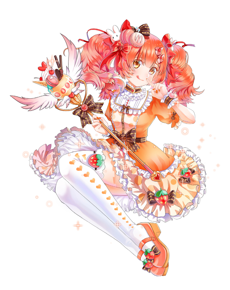 1girl bow brown_bow brown_eyes dress dress_bow food-themed_hair_ornament force_of_will frilled_dress frills full_body hair_ornament holding holding_wand licking_lips looking_at_viewer macaron_hair_ornament magical_girl orange_dress orange_footwear red_bow short_hair short_sleeves tatae_2019 thigh-highs tongue tongue_out twintails wand white_background white_legwear wrist_cuffs