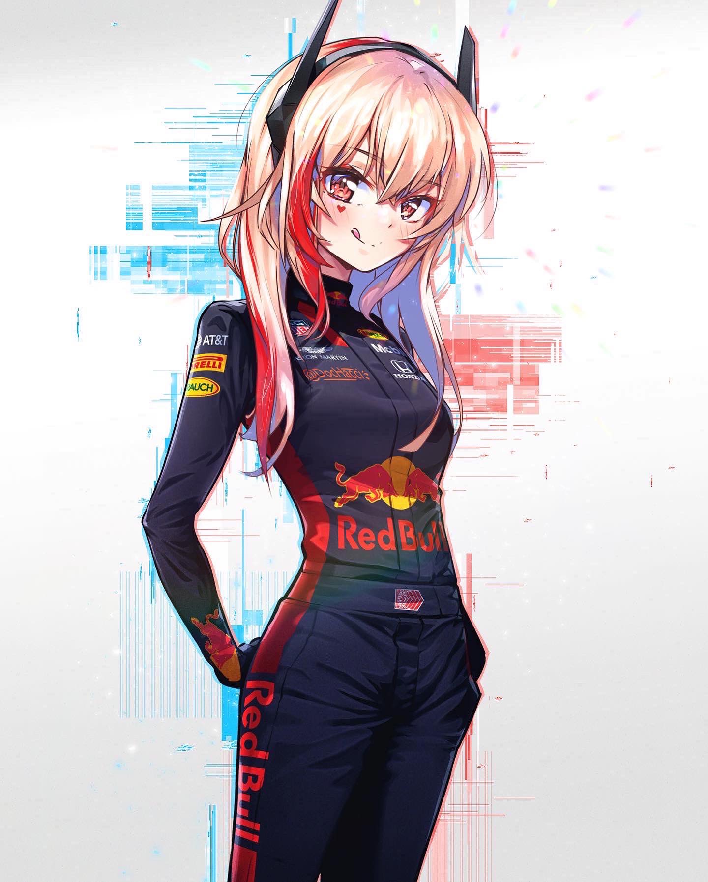 1girl :q blonde_hair cowboy_shot dochacci english_commentary girls_frontline hair_between_eyes headset heart highres long_hair looking_at_viewer m4_sopmod_ii_(girls'_frontline) multicolored_hair racing_suit red_bull red_eyes redhead smile solo streaked_hair tongue tongue_out twitter_username