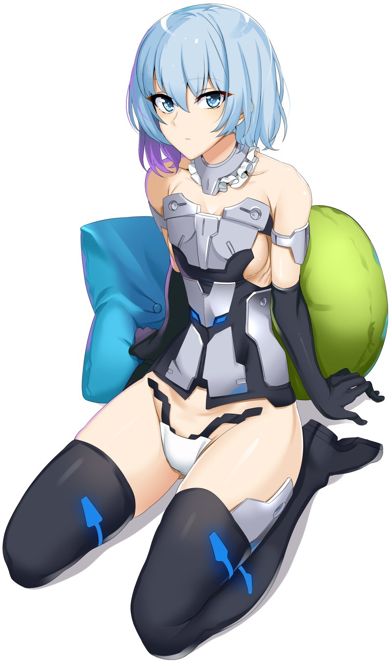 1girl bare_shoulders black_gloves black_legwear blue_hair breasts c-string closed_mouth doko_tetora elbow_gloves frame_arms_girl full_body gloves gradient_hair highres looking_at_viewer medium_hair multicolored_hair panties pillow purple_hair seiza sideboob sitting solo strapless_bottom stylet thigh-highs underwear white_panties