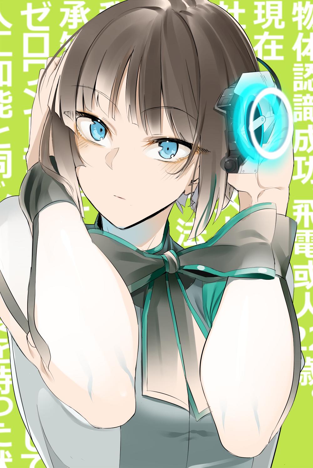 1girl black_bow black_bowtie blue_eyes blush bow bowtie brown_hair closed_mouth copyright_request doko_tetora eyebrows_visible_through_hair green_background hands_up headphones highres long_sleeves looking_at_viewer sanpaku solo upper_body