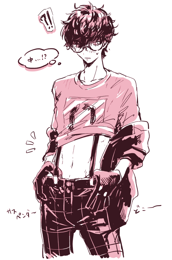 !? 1boy amamiya_ren bangs clothes_pull glasses gloves greyscale hair_between_eyes jacket male_focus monochrome navel off_shoulder parted_lips persona persona_5 sawa2 shirt shirt_pull simple_background sketch solo suspenders sweat t-shirt translated