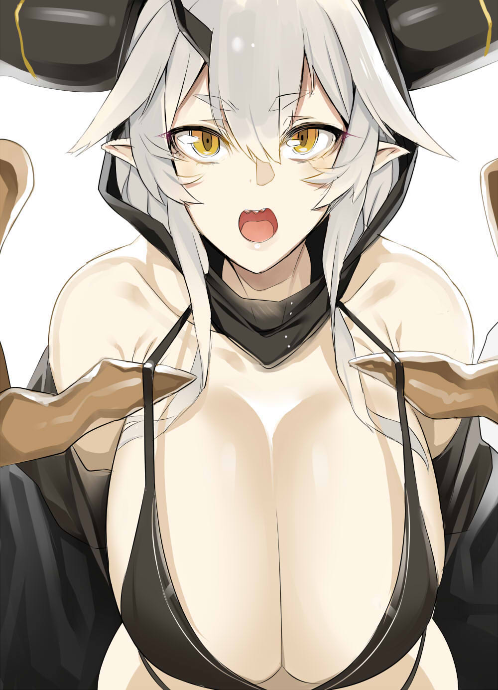 1girl black_bra bra breasts claws commentary_request copyright_request doko_tetora grey_hair hanging_breasts highres horns large_breasts looking_at_viewer open_mouth orange_eyes pointy_ears simple_background solo underwear white_background