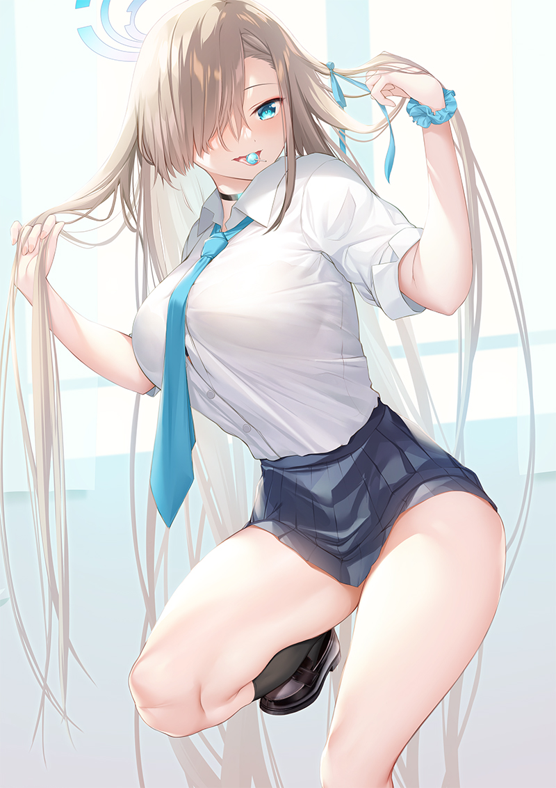 1girl asuna_(blue_archive) bangs blue_archive blue_eyes blush breasts candy collared_shirt food grey_skirt hair_over_one_eye halo hamada_miku large_breasts light_brown_hair lollipop long_hair looking_at_viewer mouth_hold shirt short_sleeves skirt thighs very_long_hair white_shirt