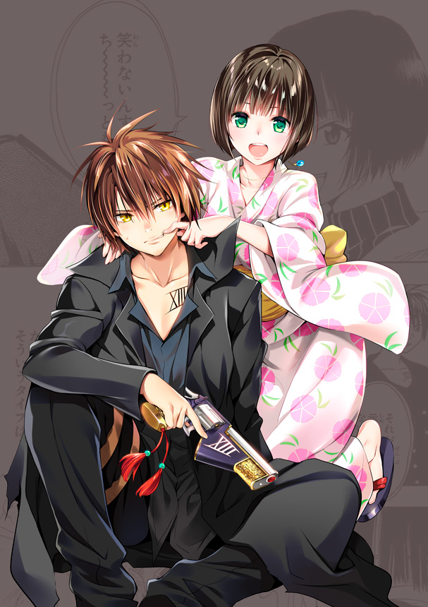 1boy 1girl black_cat_(series) brown_hair green_eyes gun handgun japanese_clothes kimono medium_hair minatsuki_saya official_art pistol short_hair smile tattoo train_heartnet weapon yabuki_kentarou yellow_eyes yukata