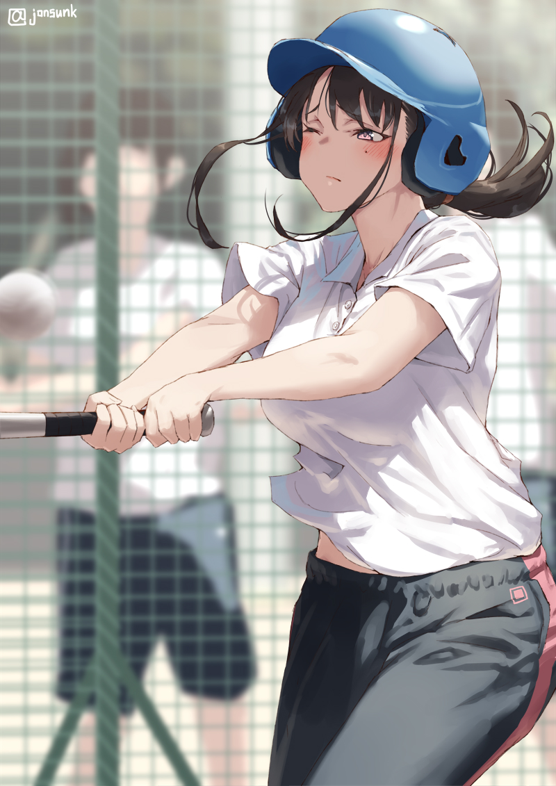 1girl ball baseball baseball_bat black_hair black_shorts blush breasts closed_mouth commentary_request helmet holding holding_baseball_bat jonsun medium_breasts mole mole_under_eye one_eye_closed original pink_eyes polo_shirt ponytail shirt short_hair shorts solo_focus tamami_(jonsun) white_shirt