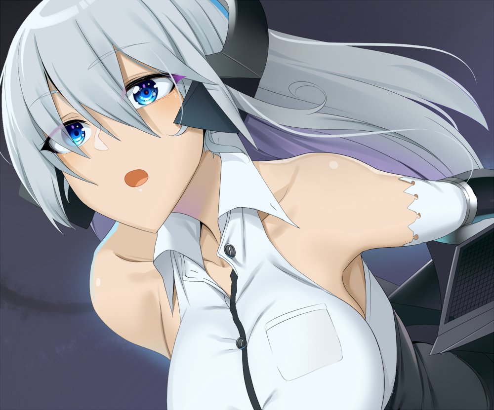 1girl :o bare_shoulders blue_eyes breasts collared_shirt copyright_request doko_tetora elbow_gloves eyeliner gloves grey_hair hair_between_eyes large_breasts long_hair makeup open_mouth shirt sleeveless sleeveless_shirt solo upper_body white_gloves wing_collar