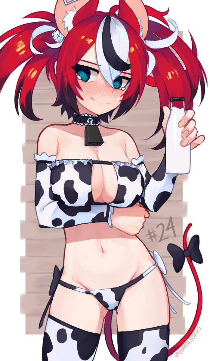 1girl @_@ animal_ear_fluff animal_ears animal_print arm_under_breasts bangs bare_shoulders bell bikini black_bow black_hair blue_eyes blush bottle bow breasts choker collarbone commentary contrapposto cow_print cowbell cowboy_shot detached_sleeves embarrassed english_commentary groin hair_between_eyes hakos_baelz holding holding_bottle hololive hololive_english large_breasts looking_at_viewer milk milk_bottle mouse_ears mouse_girl mouse_tail multicolored_hair navel neck_bell print_bikini print_legwear redhead smile solo streaked_hair sweatdrop swimsuit tail tail_bow tail_ornament tearing_up thigh-highs twintails virtual_youtuber white_hair yoako