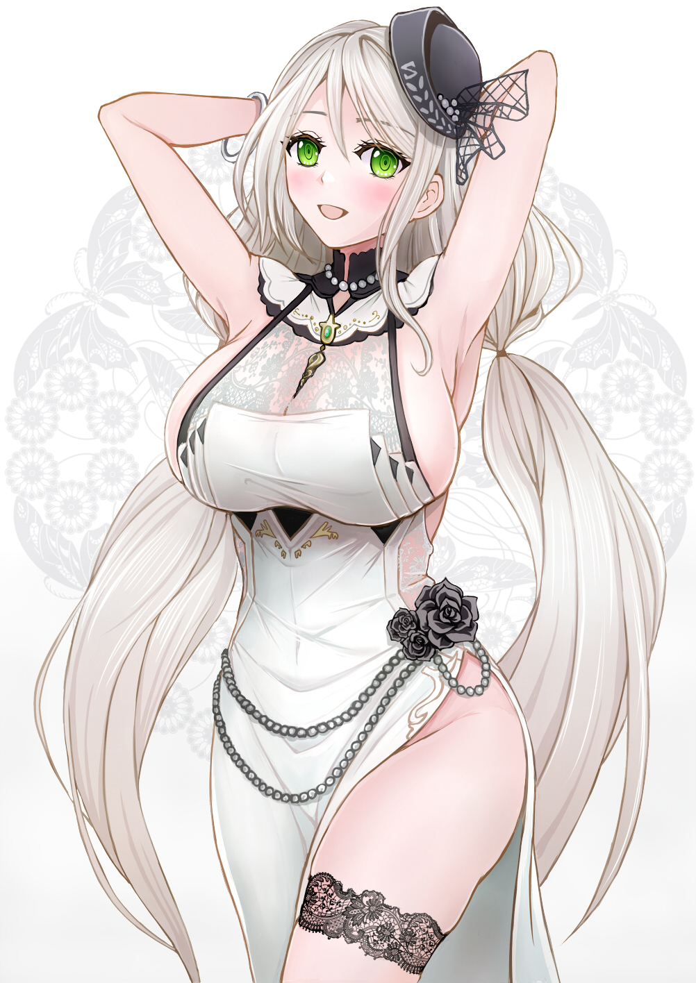 1girl aquila_(azur_lane) aquila_(green_garden_elegant_sadia)_(azur_lane) arms_behind_head azur_lane black_flower black_headwear black_rose breasts cocktail_dress dress emerald_(gemstone) evening_gown flower green_eyes grey_hair highres large_breasts long_hair looking_at_viewer official_alternate_costume open_mouth rose sai-go side_slit sideboob simple_background solo thigh_strap tilted_headwear twintails very_long_hair white_background white_dress