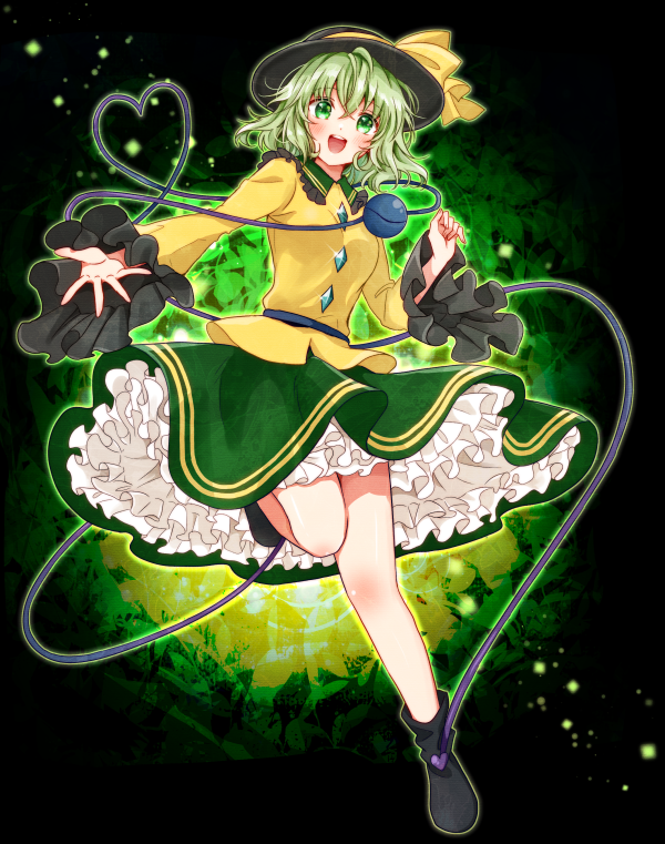 1girl :d arm_up bangs black_background black_footwear black_headwear blush boots bow breasts commentary_request diamond_button frilled_shirt_collar frilled_skirt frilled_sleeves frills gradient gradient_background green_background green_eyes green_hair green_skirt hat hat_bow hat_ribbon heart heart_of_string komeiji_koishi light_particles looking_at_viewer medium_breasts okawa_friend open_mouth outstretched_arm petticoat ribbon shirt simple_background skirt smile solo standing standing_on_one_leg string thighs third_eye touhou wide_sleeves yellow_bow yellow_ribbon yellow_shirt