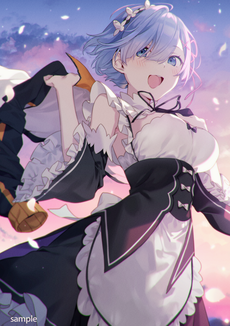 1girl :d apron bangs bare_shoulders black_dress black_jacket blue_eyes blue_hair blush breasts commentary_request cowboy_shot detached_sleeves dress frilled_dress frills from_below hand_up jacket large_breasts long_sleeves looking_at_viewer maid maid_apron maid_headdress medium_breasts re:zero_kara_hajimeru_isekai_seikatsu rem_(re:zero) sample short_hair smile solo teeth tomari_(veryberry00) upper_teeth waist_apron wide_sleeves