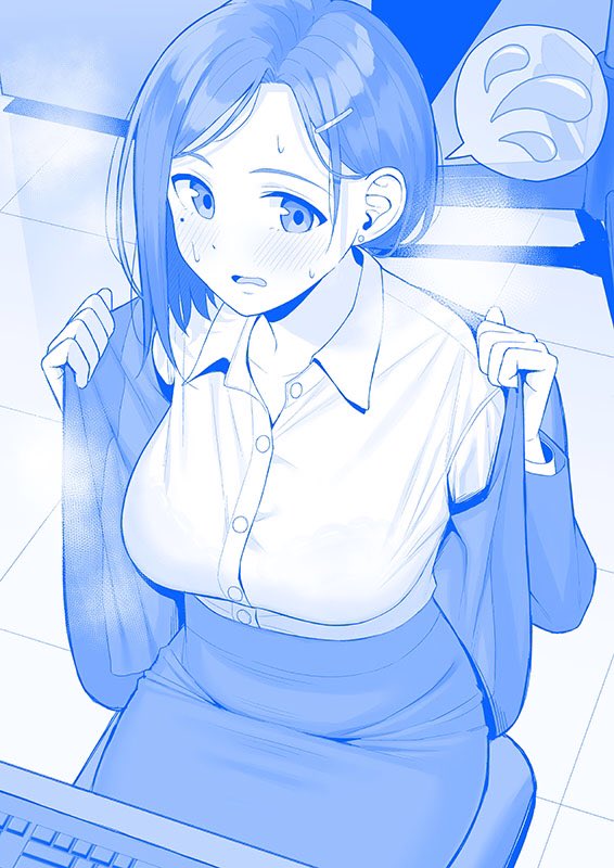 1girl blue_theme breasts getsuyoubi_no_tawawa gyouza_pudding himura_kiseki_(style) kouhai-chan_(tawawa) large_breasts long_hair monochrome office_lady open_mouth sweat tawawa_group