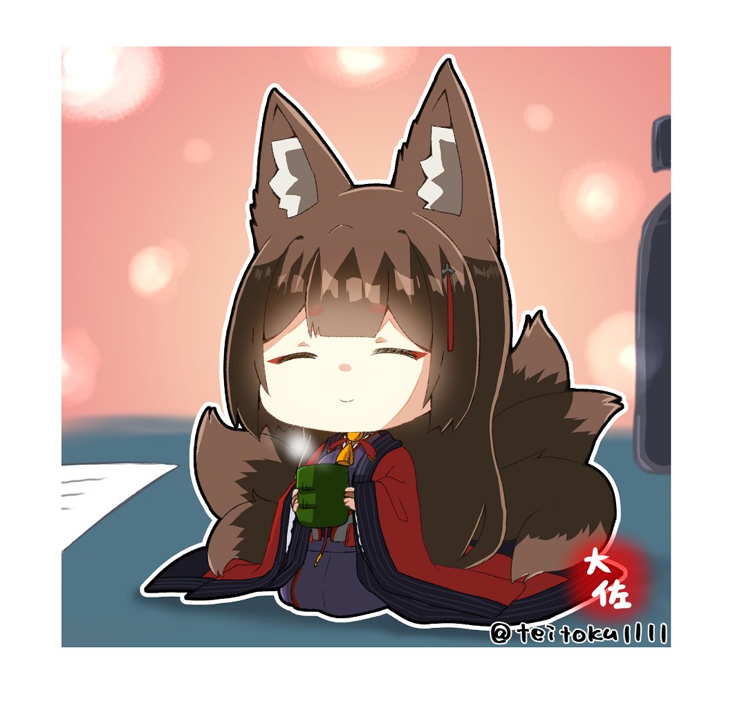 1girl ^_^ amagi_(azur_lane) animal_ears azur_lane bangs blunt_bangs brown_hair chibi closed_eyes commentary_request cup desk eyebrows_visible_through_hair eyeshadow fox_ears fox_girl fox_tail hair_between_eyes hair_ornament holding holding_cup japanese_clothes kyuubi long_hair long_sleeves looking_at_viewer makeup minigirl multiple_tails obi paper sash seiza sidelocks sitting smile solo steam tail taisa_(kari) thick_eyebrows wide_sleeves yunomi