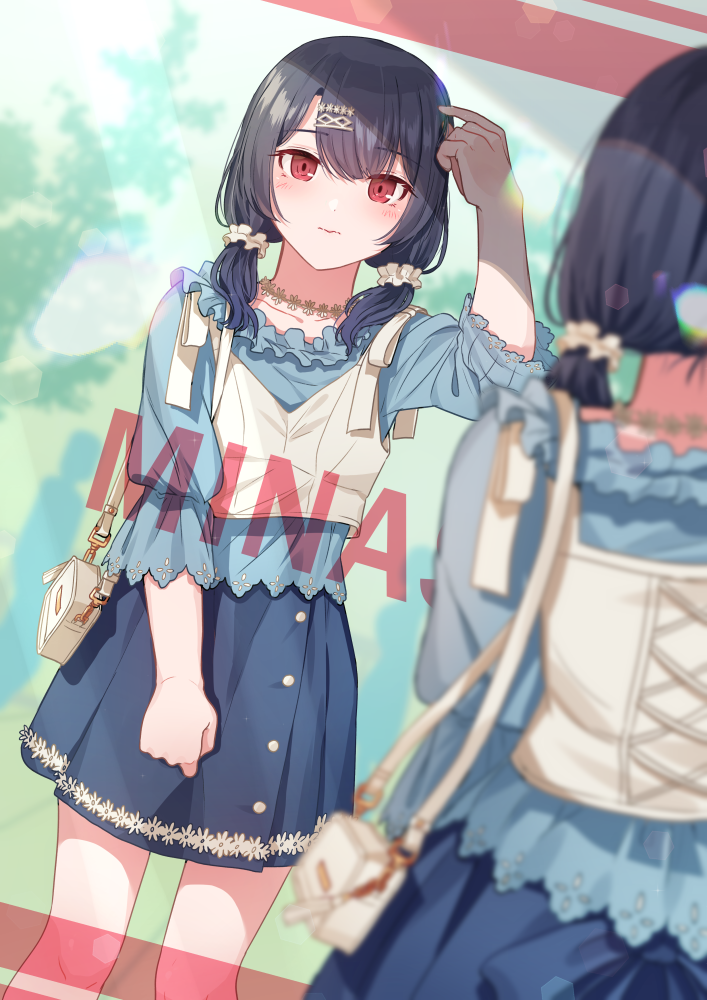 1girl adjusting_hair bag bangs blouse blue_blouse blue_hair blue_skin blurry blurry_foreground camisole carrying closed_mouth colored_skin commentary day depth_of_field dutch_angle eyebrows_visible_through_hair frilled_blouse hair_ornament hair_scrunchie hairclip handbag idolmaster idolmaster_shiny_colors jewelry kamille_(vcx68) light_blush long_sleeves looking_at_mirror low_twintails medium_hair miniskirt mirror morino_rinze necklace red_eyes reflection scrunchie shirt skirt solo standing twintails white_scrunchie white_shirt