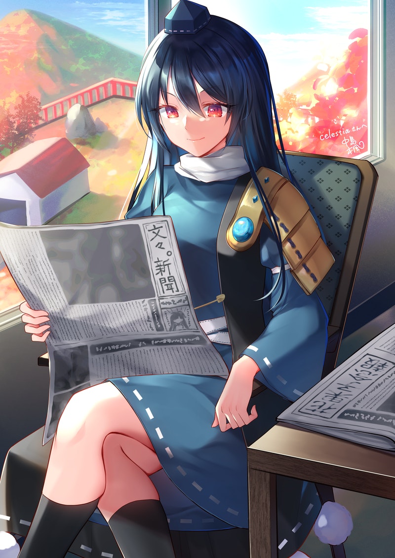 1girl arm_rest armor bangs black_coat black_legwear blue_dress blue_headwear blush chair coat commission crossed_legs dark_blue_hair dress feet_out_of_frame gem hat high_collar iizunamaru_megumu kaede_(mmkeyy) knees long_hair long_sleeves newspaper pauldrons pom_pom_(clothes) reading red_eyes ribbon-trimmed_sleeves ribbon_trim shoulder_armor signature single_pauldron sitting skeb_commission sleeveless_coat socks solo table tokin_hat touhou watson_cross wide_sleeves window