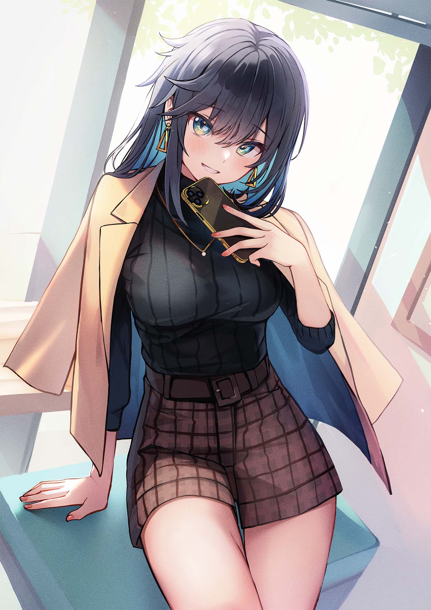 1girl arm_support black_hair black_sweater blue_eyes blush breasts brown_jacket cellphone earrings fingernails gold_necklace hair_between_eyes highres jacket jacket_on_shoulders jewelry kagawa_ichigo large_breasts long_fingernails long_hair looking_at_viewer original phone pink_nails plaid plaid_skirt ribbed_sweater skirt smartphone smile solo sweater thighs triangle_earrings