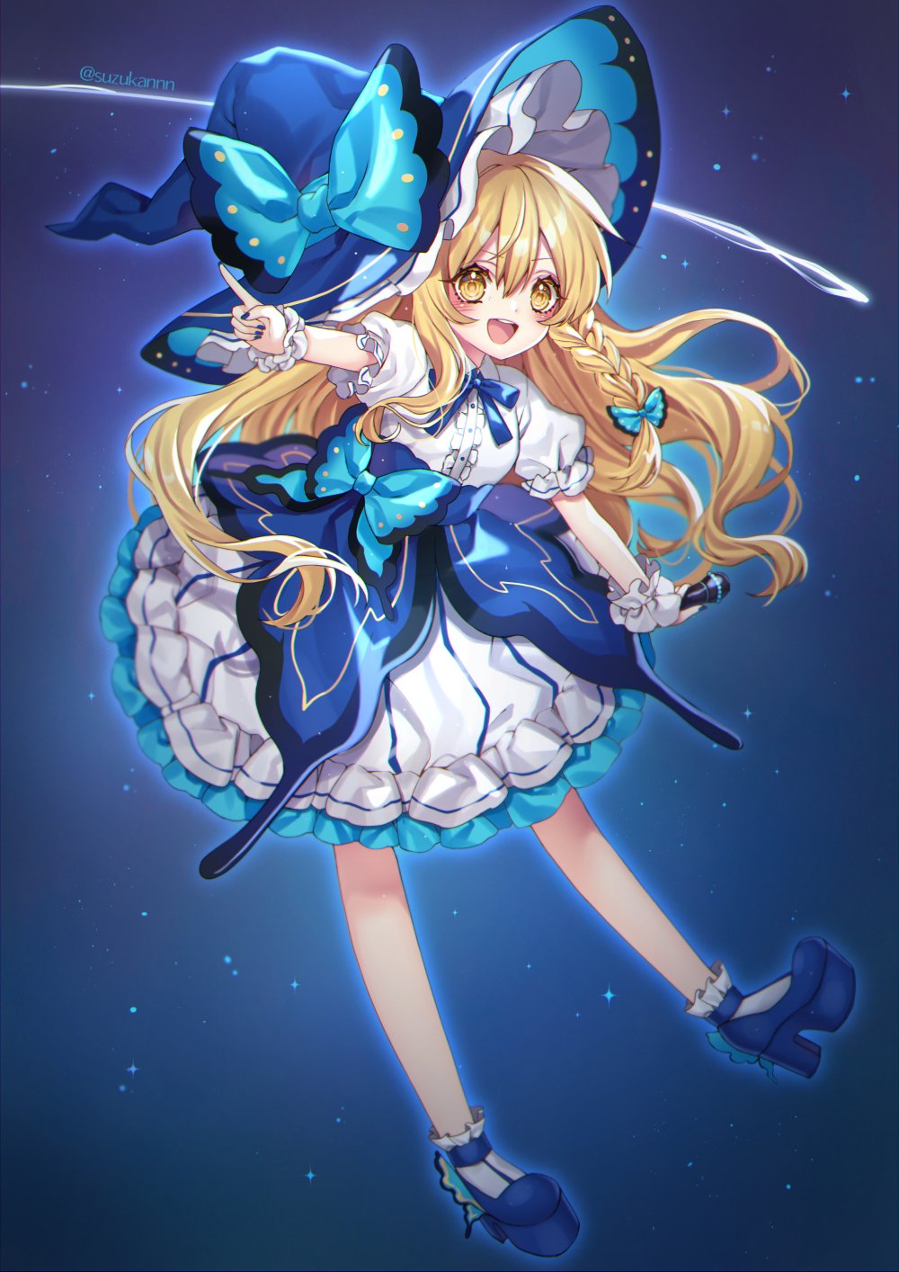 1girl alternate_color bangs blonde_hair blue_dress blue_nails blue_neckwear blue_ribbon blush braid butterfly_hair_ornament buttons center_frills collared_shirt comet commentary_request dress fingernails floating_hair frilled_dress frills full_body hair_ornament hat high_heels highres index_finger_raised kirisame_marisa kyouda_suzuka long_hair looking_at_viewer microphone nail_polish open_mouth puffy_short_sleeves puffy_sleeves ribbon shirt short_sleeves single_braid solo teeth touhou twitter_username upper_teeth white_shirt wing_collar witch_hat wrist_cuffs yellow_eyes