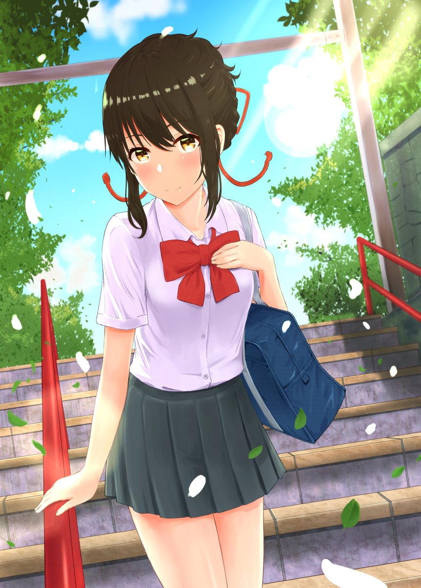 1girl black_hair hair_ribbon highres kimi_no_na_wa. miyamizu_mitsuha ribbon shukurin solo student uniform