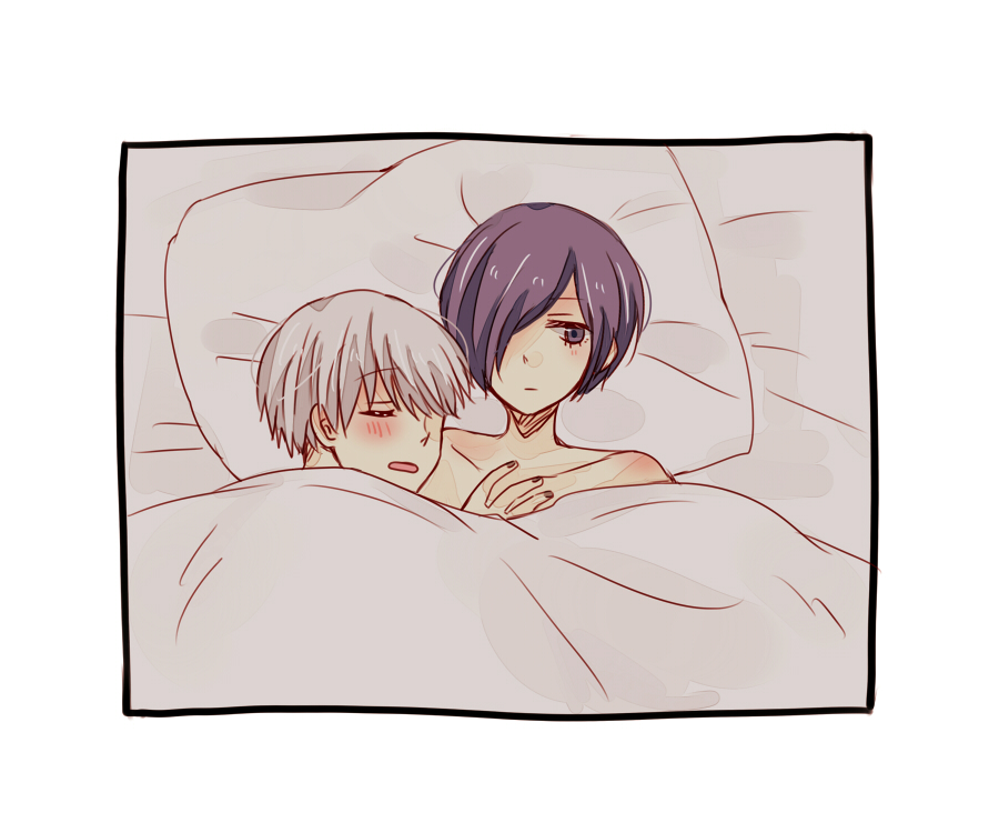 1boy 1girl :o bangs bed_sheet black_nails blanket blush closed_mouth collarbone couple eyebrows_visible_through_hair grey_hair hair_over_one_eye kaneki_ken kirishima_touka looking_at_viewer lying nail_polish on_back open_mouth pillow purple_hair sleeping tokyo_ghoul tokyo_ghoul:re toukaairab white_background