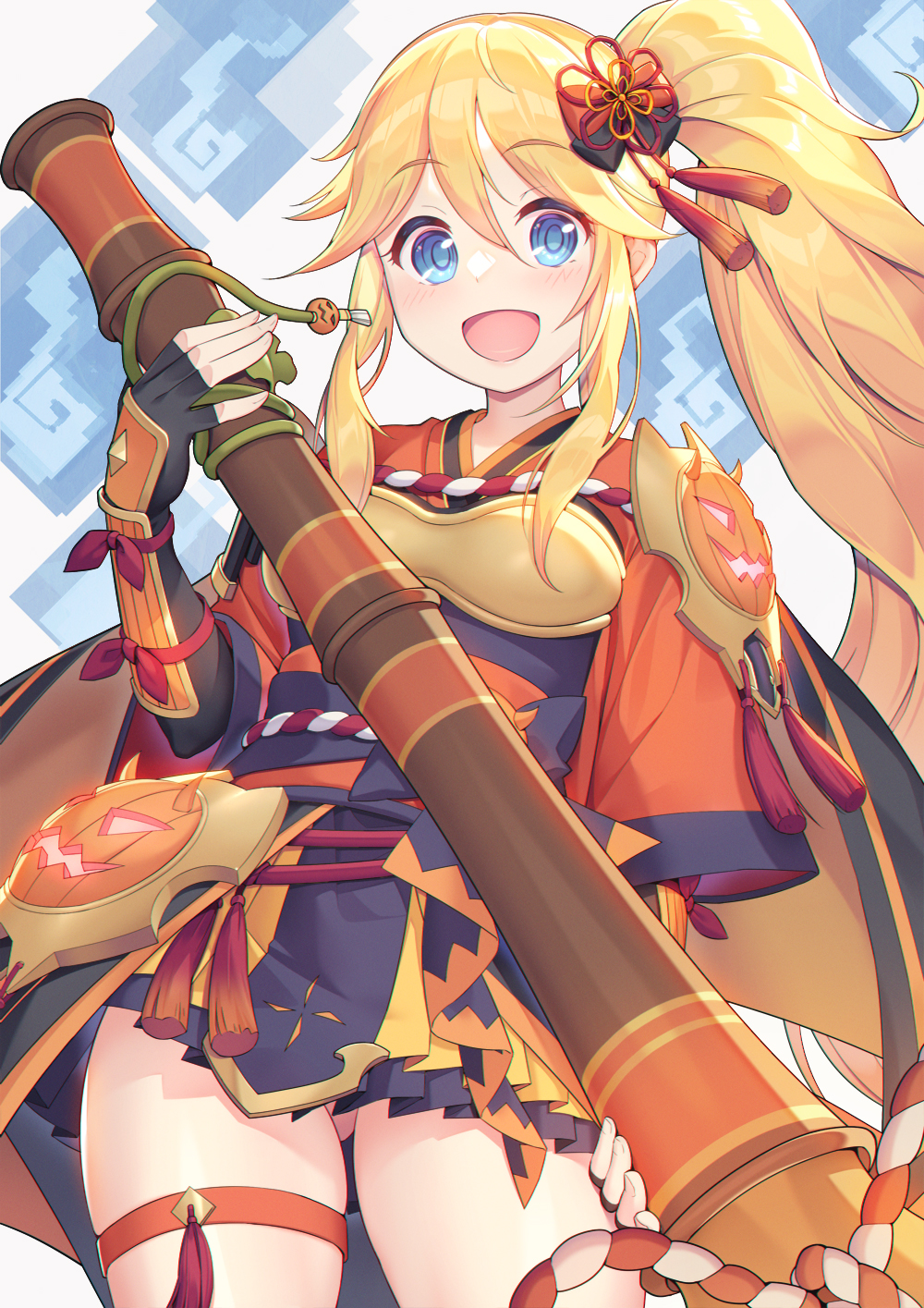 1girl artist_request ass_visible_through_thighs blonde_hair blue_eyes cape elbow_gloves fingerless_gloves gloves highres japanese_clothes long_hair ninon_(princess_connect!) open_mouth princess_connect! side_ponytail solo thigh_strap very_long_hair wide_sleeves